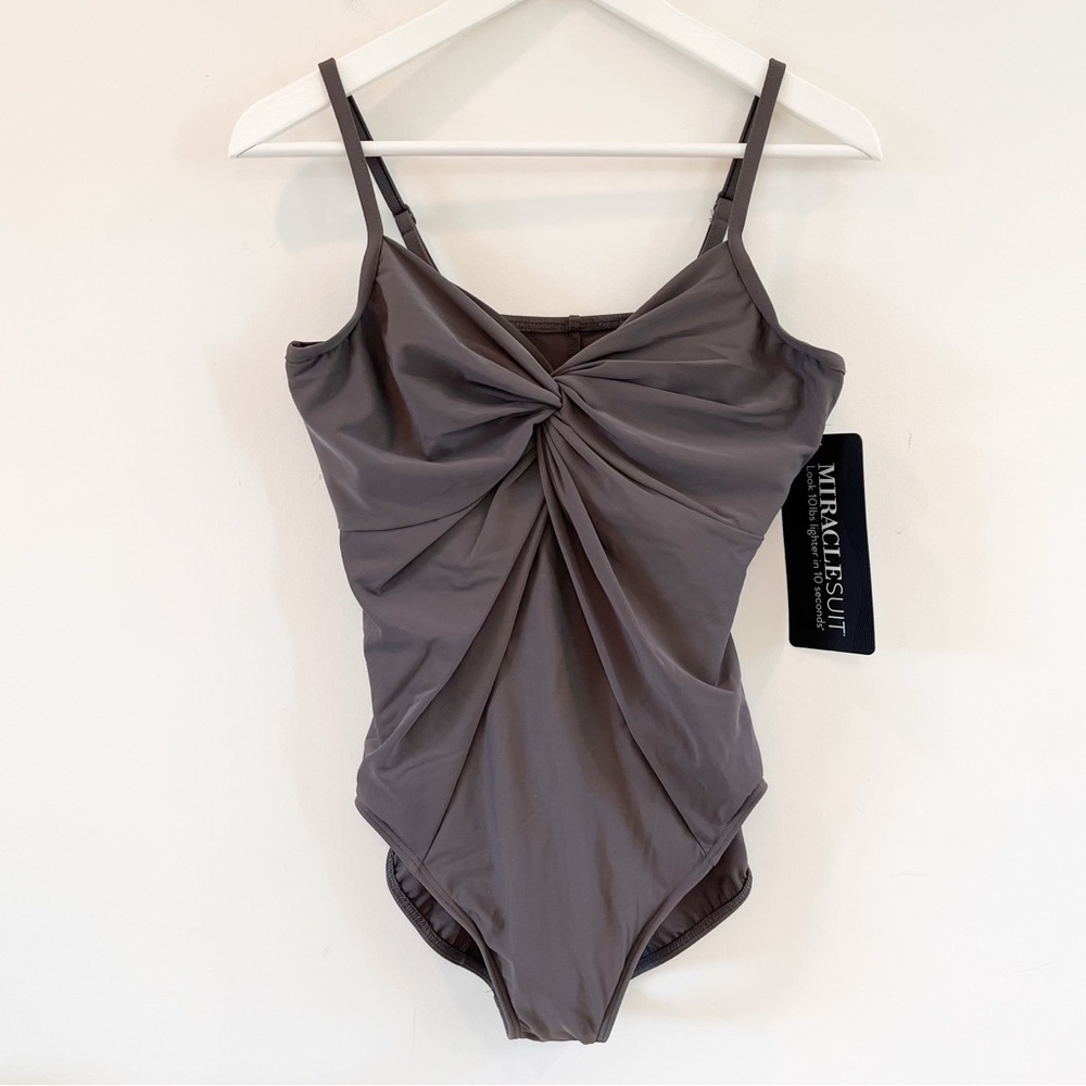 NWT Miraclesuit Love Knot Grey One Piece Swimsuit Size 12